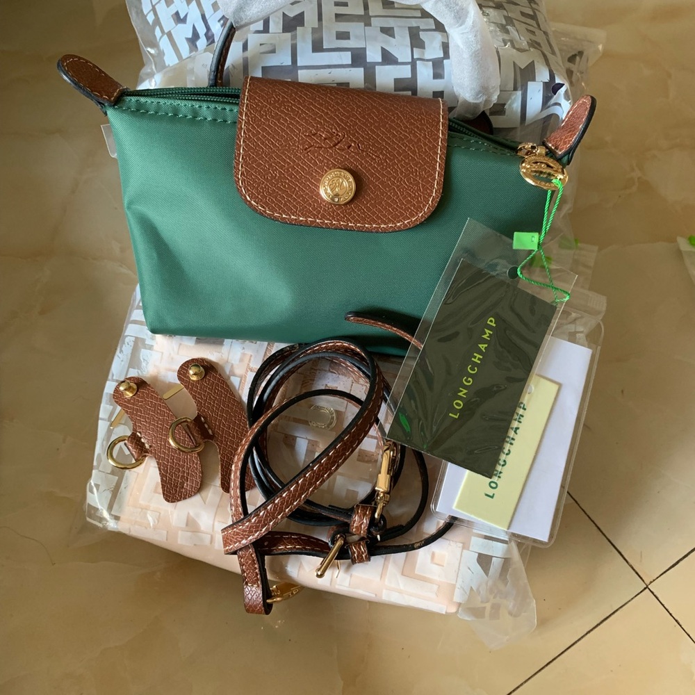 Longchamp Le Pliage Green Nylon Crossbody Pouch with Brown Leather Trim
